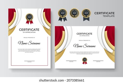 Modern red gold certificate template. Certificate of appreciation template. Clean simple certificate with gold badge. Certificate border template with elegant and trendy geometric pattern