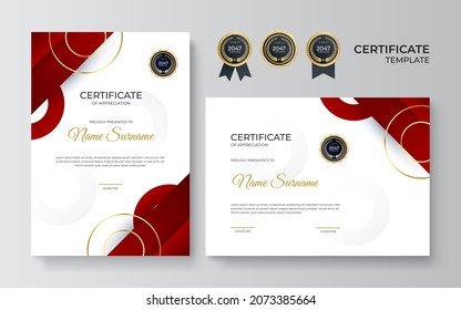 Modern red gold certificate template. Certificate of appreciation template. Clean simple certificate with gold badge. Certificate border template with elegant and trendy geometric pattern