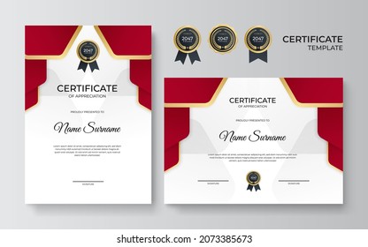 Modern red gold certificate template. Certificate of appreciation template. Clean simple certificate with gold badge. Certificate border template with elegant and trendy geometric pattern
