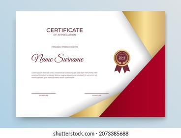 Modern red gold certificate template. Certificate of appreciation template. Clean simple certificate with gold badge. Certificate border template with elegant and trendy geometric pattern