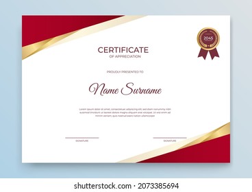 Modern red gold certificate template. Certificate of appreciation template. Clean simple certificate with gold badge. Certificate border template with elegant and trendy geometric pattern