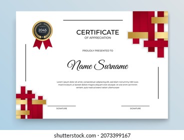 Modern red gold certificate template. Certificate of appreciation template. Clean simple certificate with gold badge. Certificate border template with elegant and trendy geometric pattern