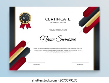 Modern red gold certificate template. Certificate of appreciation template. Clean simple certificate with gold badge. Certificate border template with elegant and trendy geometric pattern