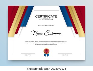 Modern red gold certificate template. Certificate of appreciation template. Clean simple certificate with gold badge. Certificate border template with elegant and trendy geometric pattern