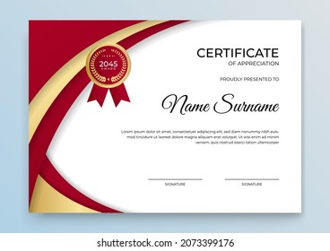 Modern red gold certificate template. Certificate of appreciation template. Clean simple certificate with gold badge. Certificate border template with elegant and trendy geometric pattern