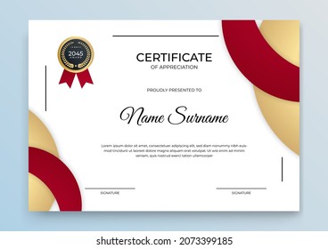 Modern red gold certificate template. Certificate of appreciation template. Clean simple certificate with gold badge. Certificate border template with elegant and trendy geometric pattern