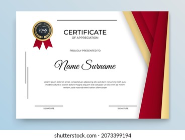 Modern red gold certificate template. Certificate of appreciation template. Clean simple certificate with gold badge. Certificate border template with elegant and trendy geometric pattern