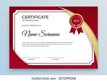 Modern red gold certificate template. Certificate of appreciation template. Clean simple certificate with gold badge. Certificate border template with elegant and trendy geometric pattern