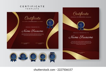 Modern red gold certificate template. Certificate of achievement border template with luxury badge and modern line pattern. For award, business, and education needs