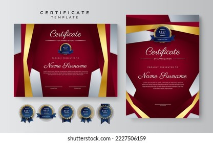 Modern red gold certificate template. Certificate of achievement border template with luxury badge and modern line pattern. For award, business, and education needs