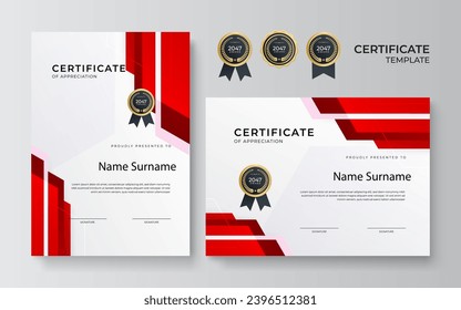 Modern red and gold certificate template design for business and achievement award with gold badge