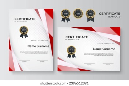 Modern red and gold certificate template design for business and achievement award with gold badge