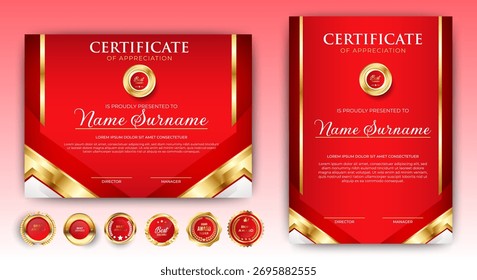 Moderna Plantilla de certificado rojo y oro. Plantilla de frontera de certificado de diploma con insignias para premios, negocios y educación