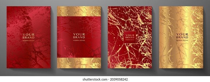 Modern red and gold cover, frame design set. Creative premium abstract with gold marble texture (crack) background. Luxury vector collection for invitation, brochure template, maroon layout a4, luxe - Shutterstock ID 2039058242