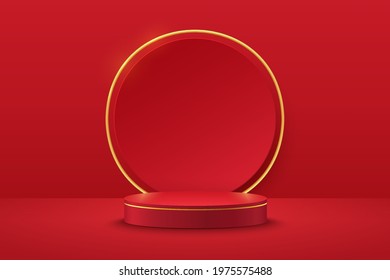 Modern red and gold cylinder pedestal podium. Red color minimal wall scene, Shiny golden circle backdrop. Vector rendering 3d shape, Product display presentation. Geometric platform. Abstract room.