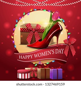 Modern red greeting postcard to the women's day with women's Shoe with tulips inside