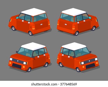 Modern red hatchback. 3D lowpoly isometric vector illustration. The set of objects isolated against the grey background and shown from different sides