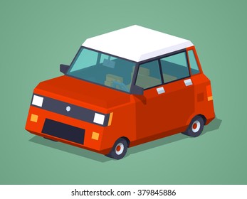 Modern red hatchback against the green background. 3D lowpoly isometric vector illustration