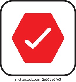 A modern red hexagon featuring a centered white checkmark, designed for web and mobile UI to represent completed tasks or confirmed actions.