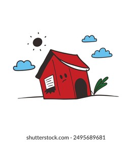 Modern Red House Vector Illustration. Explore this isolated flat vector illustration of a red house with a dark roof and surrounding trees.