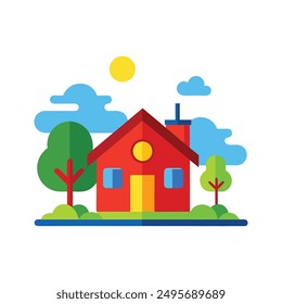 Modern Red House Vector Illustration. Explore this isolated flat vector illustration of a red house with a dark roof and surrounding trees.