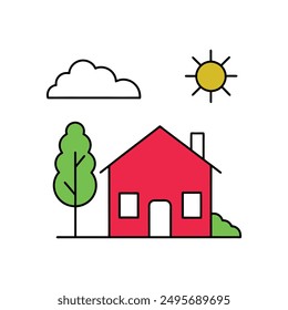 Modern Red House Vector Illustration. Explore this isolated flat vector illustration of a red house with a dark roof and surrounding trees.