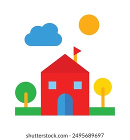 Modern Red House Vector Illustration. Explore this isolated flat vector illustration of a red house with a dark roof and surrounding trees.