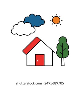 Modern Red House Vector Illustration. Explore this isolated flat vector illustration of a red house with a dark roof and surrounding trees.