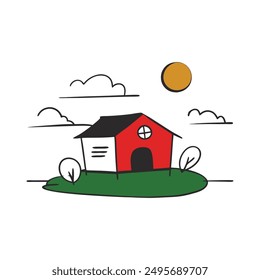 Modern Red House Vector Illustration. Explore this isolated flat vector illustration of a red house with a dark roof and surrounding trees.