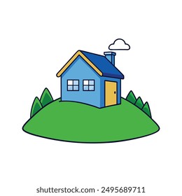 Modern Red House Vector Illustration. Explore this isolated flat vector illustration of a red house with a dark roof and surrounding trees.