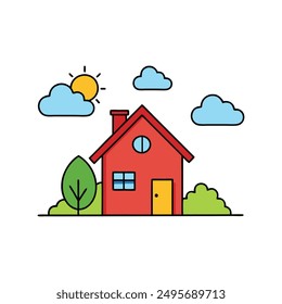 Modern Red House Vector Illustration. Explore this isolated flat vector illustration of a red house with a dark roof and surrounding trees.