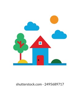 Modern Red House Vector Illustration. Explore this isolated flat vector illustration of a red house with a dark roof and surrounding trees.