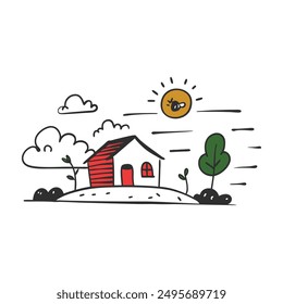 Modern Red House Vector Illustration. Explore this isolated flat vector illustration of a red house with a dark roof and surrounding trees.