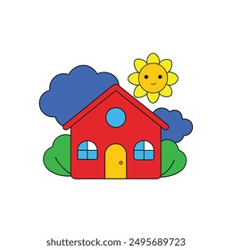 Modern Red House Vector Illustration. Explore this isolated flat vector illustration of a red house with a dark roof and surrounding trees.