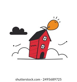 Modern Red House Vector Illustration. Explore this isolated flat vector illustration of a red house with a dark roof and surrounding trees.