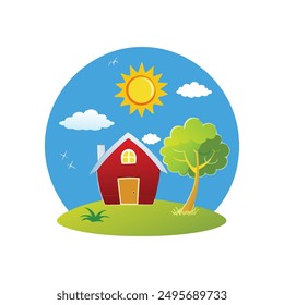 Modern Red House Vector Illustration. Explore this isolated flat vector illustration of a red house with a dark roof and surrounding trees.