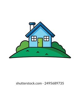 Modern Red House Vector Illustration. Explore this isolated flat vector illustration of a red house with a dark roof and surrounding trees.