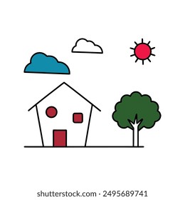 Modern Red House Vector Illustration. Explore this isolated flat vector illustration of a red house with a dark roof and surrounding trees.