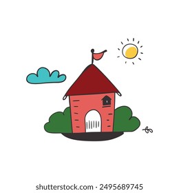 Modern Red House Vector Illustration. Explore this isolated flat vector illustration of a red house with a dark roof and surrounding trees.