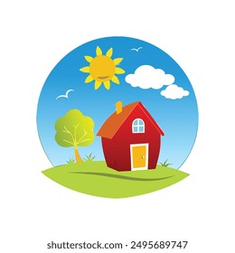 Modern Red House Vector Illustration. Explore this isolated flat vector illustration of a red house with a dark roof and surrounding trees.