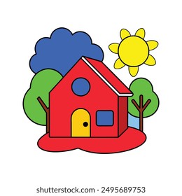 Modern Red House Vector Illustration. Explore this isolated flat vector illustration of a red house with a dark roof and surrounding trees.