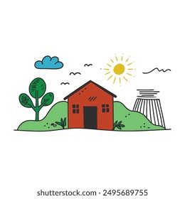 Modern Red House Vector Illustration. Explore this isolated flat vector illustration of a red house with a dark roof and surrounding trees.