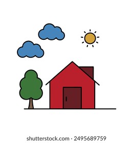 Modern Red House Vector Illustration. Explore this isolated flat vector illustration of a red house with a dark roof and surrounding trees.