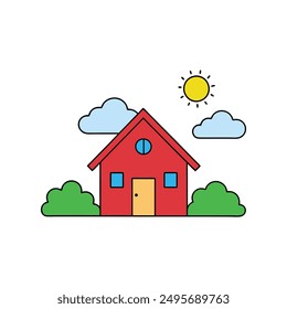 Modern Red House Vector Illustration. Explore this isolated flat vector illustration of a red house with a dark roof and surrounding trees.