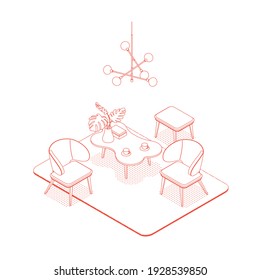 Modern red isometric lobby room on white. Vector illustration in flat design, isolated. Outlined, linear style. 