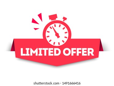 Modern Red Limited Offer Banner Tag With Stop Watch. Vector Web Element.