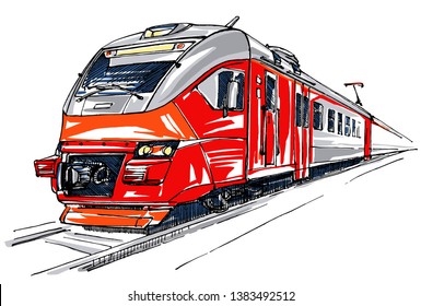 Modern red locomotive. Railway station sketch