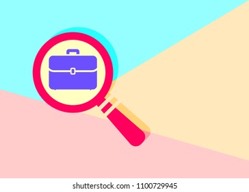 modern red magnifying glass with flat purple portfolio brief case study icon on blue and pink pastel colored background