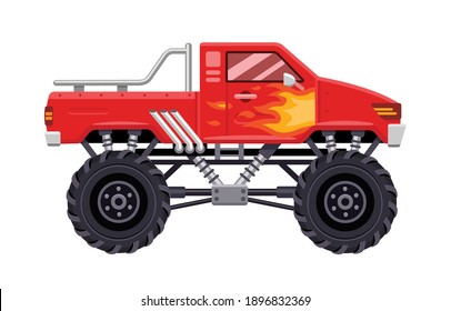 Modern red Monster Truck vehicle with flames of fire on the side. Vector flat illustration