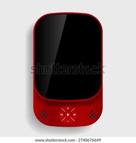 Modern red MP3 audio player mockup featuring large touchscreen display and control pad interface